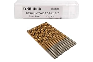 DRILL HULK Pack of 12, 3/16-Inch Titanium Nitride Coated Drill Bit, Premium M2 High Speed Steel, Jobber Length, for Metal, Plastic, Wood