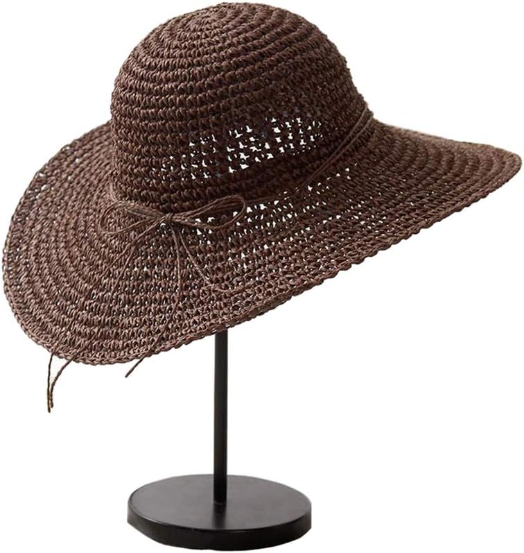 VANTOBEST Women Lady Girls Sun Hat Foldable Wide Large Brim Floppy Fold Bohemian Hand Crochet Summer Beach Brim Straw Cap for Holiday Traveling