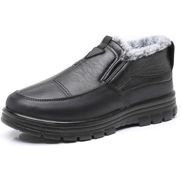 Amazon.com | LETCLOCOM Men's Leather Warm Fur Lined Slip On Snow Boots  Winter Hand Stitching Low Top Anti-Slip Outdoor Water Resistant Sneakers  Boots Lightweight Casual Walking Loafers Shoes (black,7)