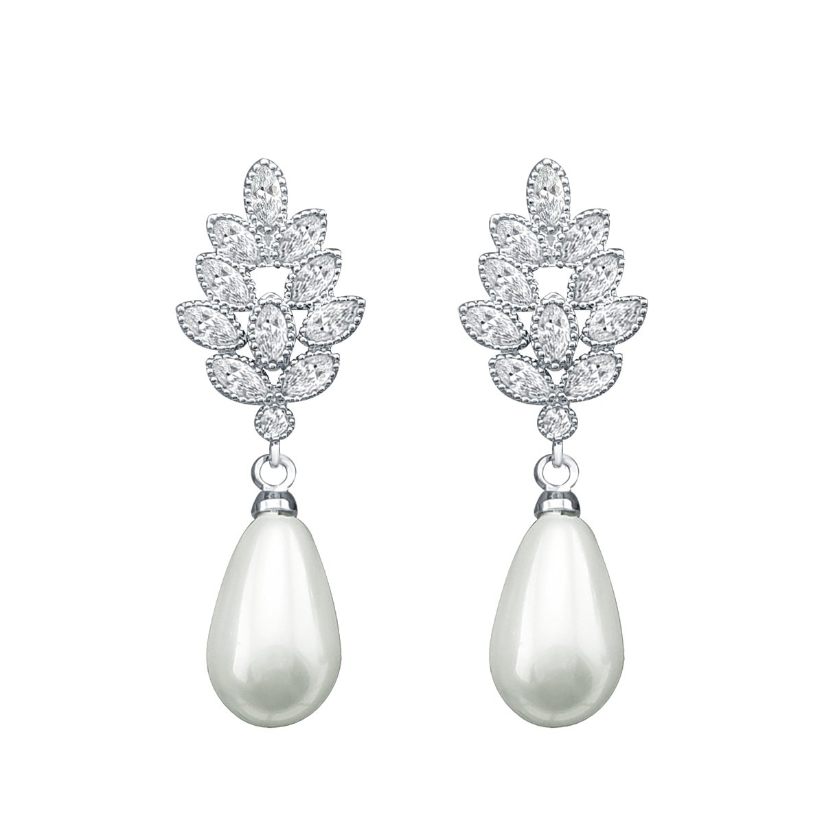 QUKE Women Silver Tone Cubic Zirconia Crystal Simulated Pearl Dangle Bridal Earring Lady Jewellery