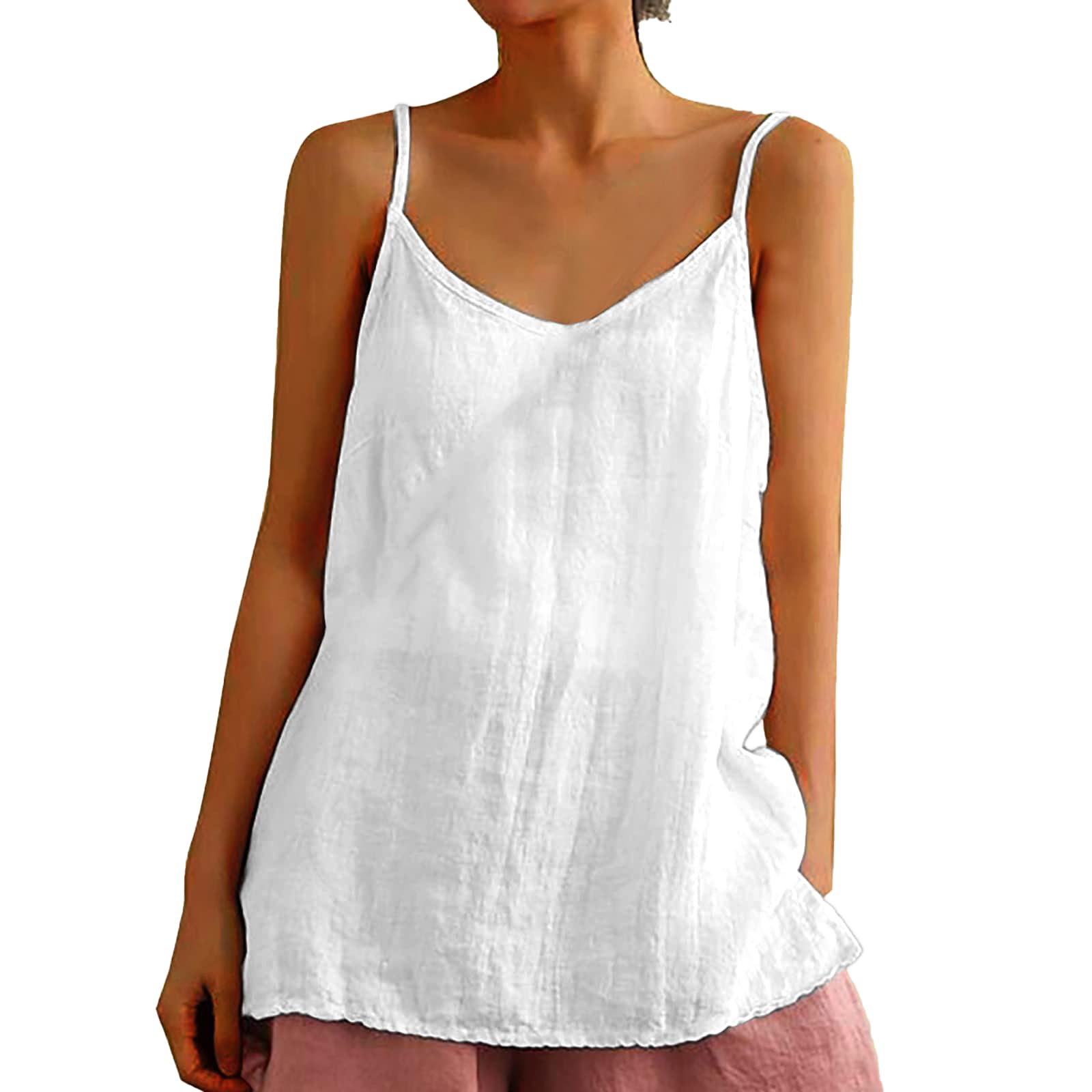 Photo 1 of ONLYSTORY Womens Linen Camisole Tank Tops Summer Casual Sleeveless V Neck Loose Fit Spaghetti Strap Cami Shirts White