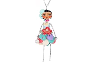 BONSNY Paris Doll Necklace Dress Handmade Pendant Designer Alloy Metal Crystal Flower Long Chain Fashion Jewelry (Multicolor)