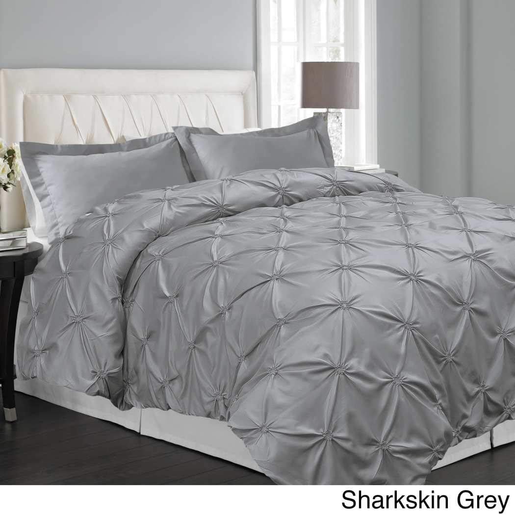 3pc Grey Pinch Pleated Duvet Cover King Set, Sage Gray Silver Charcoal, Chic Pinched