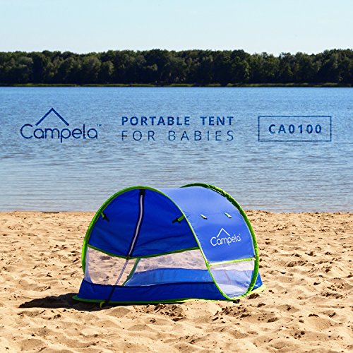 Campela Baby Travel Beach Tent for Infant and Babies - Mosquito Net and Sunshade Portable Newborn Crib Baby Bed Dome Pop up Sun Shelter Anti UV Sun Protection Factor 96.6%