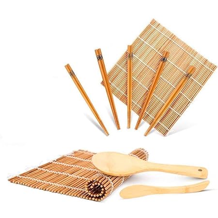 WeeDee Bambus Sushi Maker Set - 2 x Rollmatte, aus Bambus, 5 Paar Essstäbchen, Reislöffel, Paddel