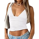 YFANG Women's Sexy Deep V-Neck Ruched Crop Tank Top Slim Fit Spaghetti Straps Crop Top