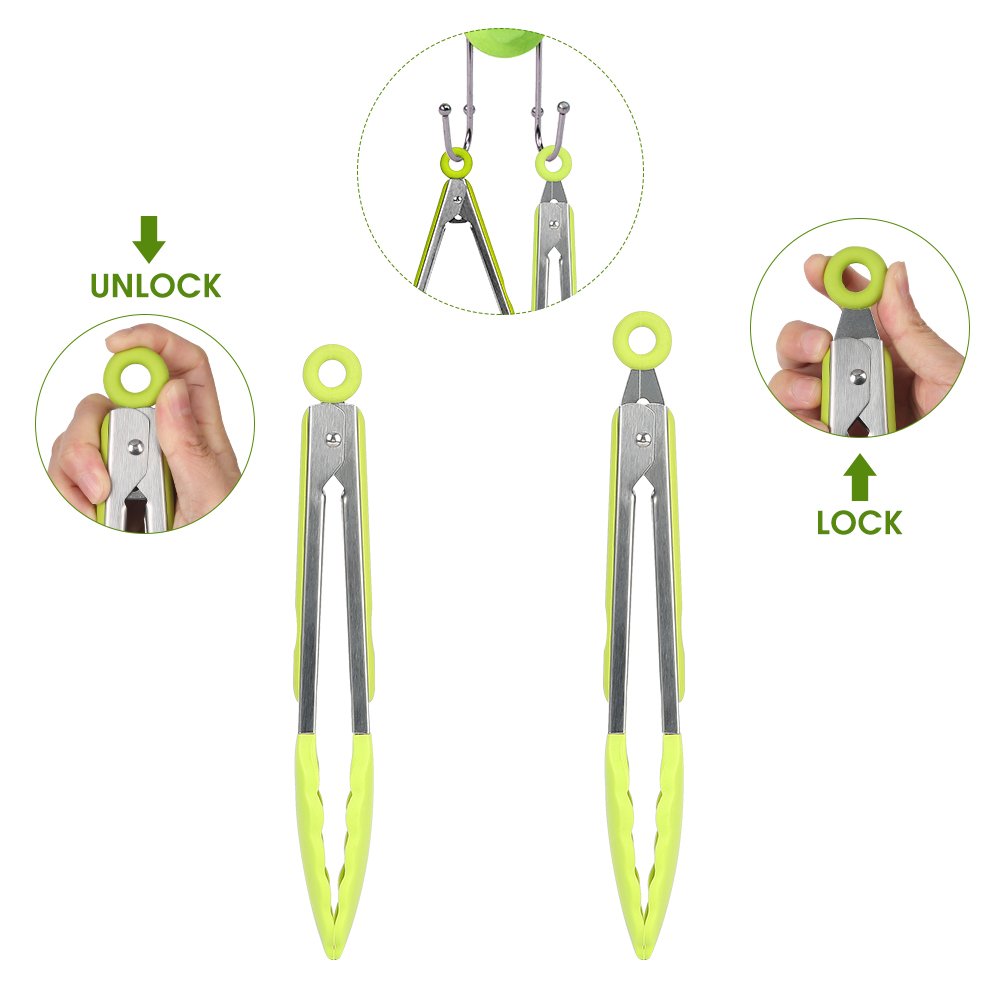 Singular point Kitchen Tongs,Heavy Duty Non-Stick Stainless Steel Food Tongs Set with FDA Grade Silicone Tips Ring Pull Locking System Serve for Salad,BBQ,Baking set of 2 pcs (Green)