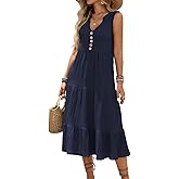 HELYO Women's Casual Summer Dress 2026 Sleeveless V Neck Button Beach Sundress Tiered Ruffle Flows Skirt Midi Dresses