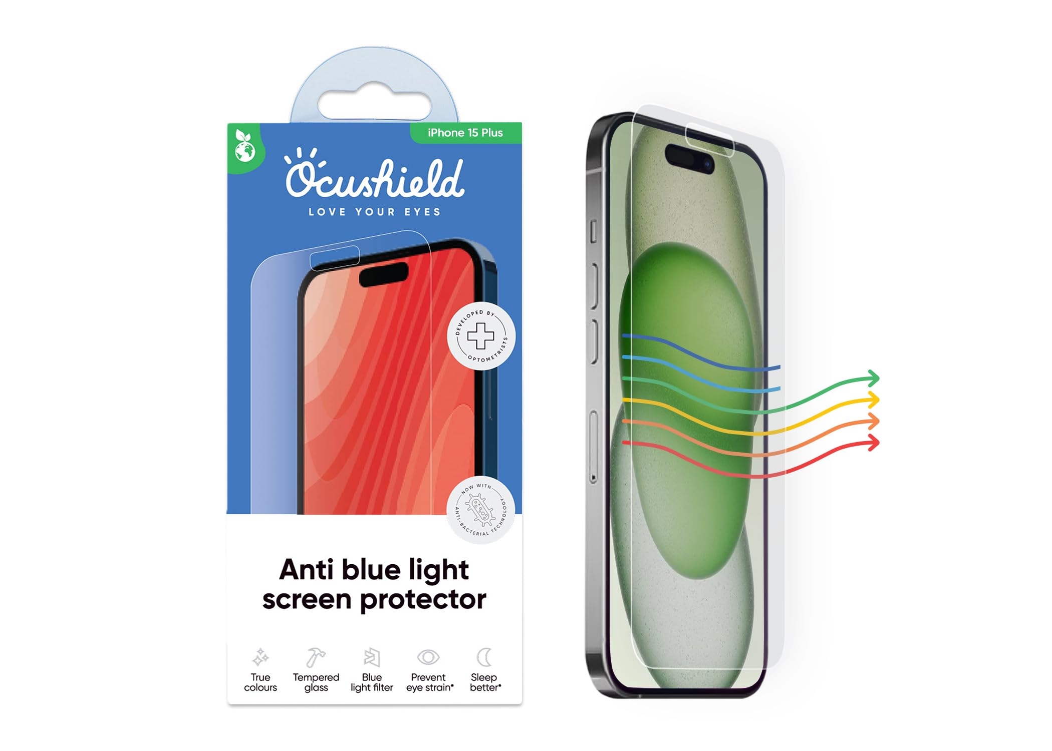 Ocushield Anti Blue Light Tempered Glass Screen Protector for iPhone 15 Plus (6.7") - Protect Your Eyes, Reduce Migraines & Improve Sleep — image 1