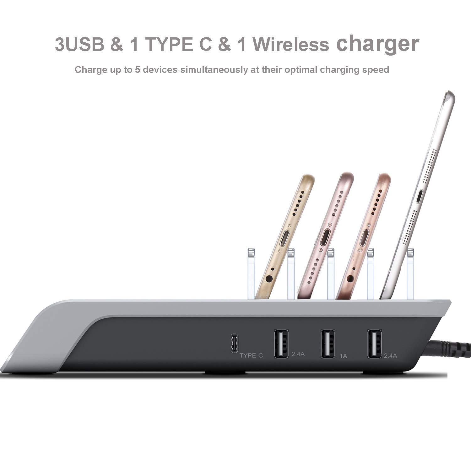 Leopardprintfans Charging Stations for Multiple Devices, 5-in-1 Desk Docking Station Organizer for iPhone Charging Stations, 3 USB/1 Type-C Ports and 1 of QI Wireless Charging Pad for Phone