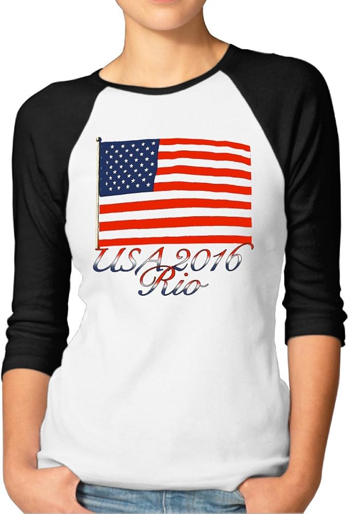 USA 2016 RIO Women's Classic 100% Cotton 3/4 Sleeve Athletic Baseball Raglan Sleeves T-Shirt