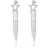 GUOXIAOMEI Bling Women Tassel Earrings Star Ear Stud Pave Crystal Dangle Earrings Boho Waterfall Beaded Fringe Drop Earring