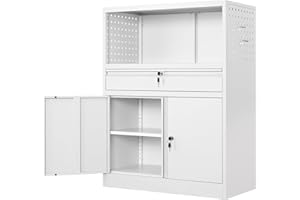 Anxxsu Metal Storage Cabinet with 1 Drawer, 41.2" Steel Lockable Cabinet, Home Office, Garage, White, 41.2"H x 31.5"W x 15.7"D