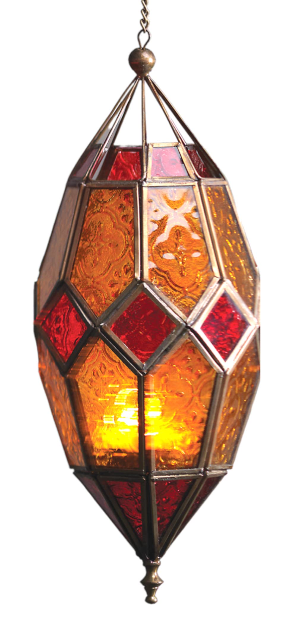 Moroccan Style Hanging Glass Tealight Lantern (Large Red/Yellow)