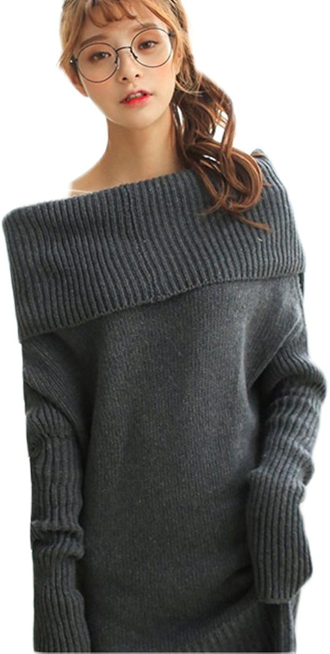 ケーシティ K City ゆったり オフショルダー ニット 肩だし ニットワンピース ワンピース ニット チュニック ざっくりニット セーター フリー グレー ワンピース チュニック 通販 Amazon