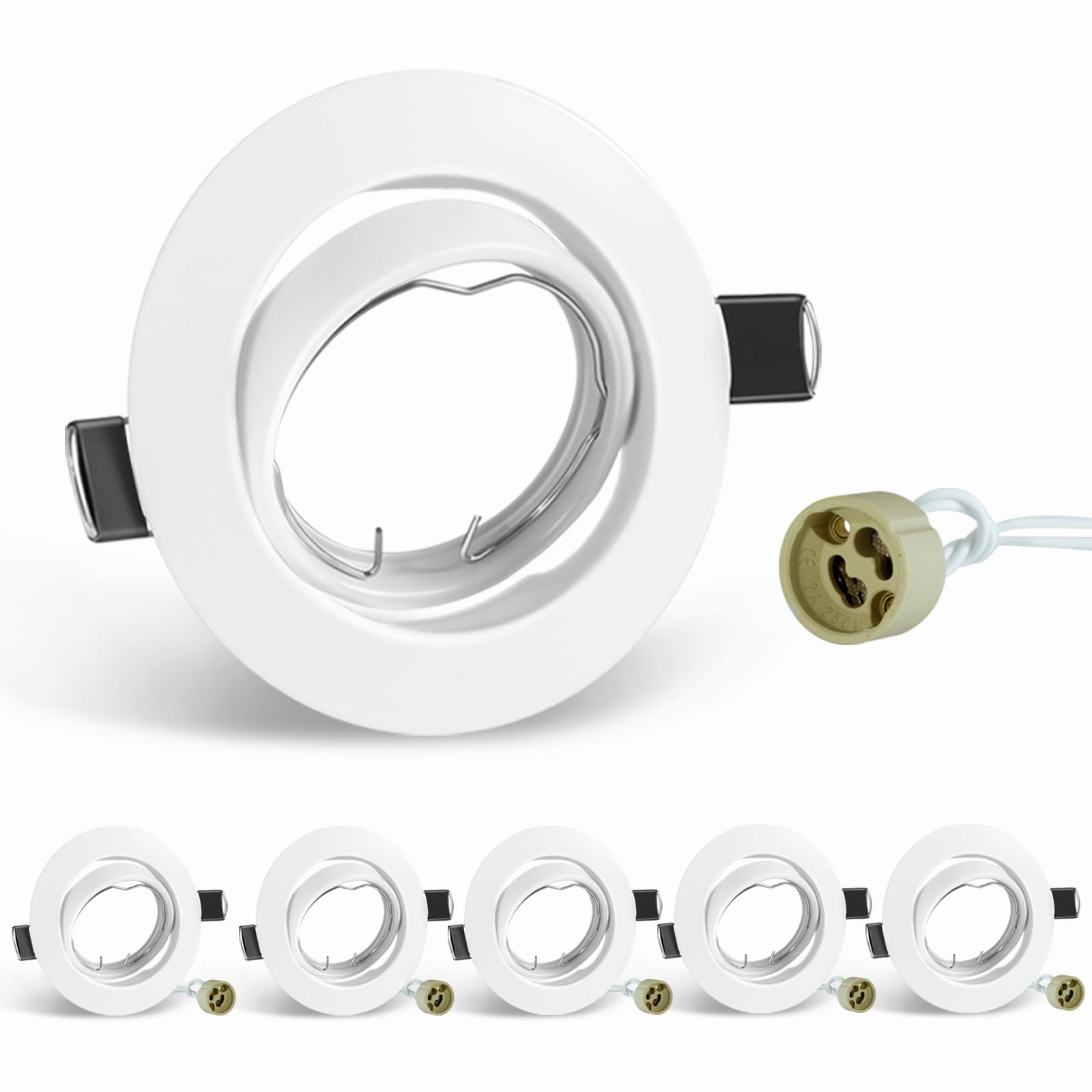 SCNNC Recessed Ceiling Light Mounting Frame with GU10 Lamp Holder, White Metal Round Recessed Spotlights Trim Ring Fitting GU10 Downlight Frame for Bathrooms Kitchen 50mm Bulb, Pack of 6
