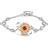 SELENICHAST Spinning Sunflower 925 Sterling Silver Bracelet For Women,Heart Floral Bracelets Non Tarnish Jewelry Gifts For Birthday
