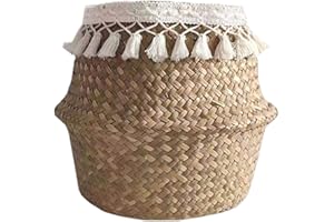 Seagrass Basket, Foldable Woven Straw Seagrass Laundry Basket, Flower Plant Pot for Home Storage