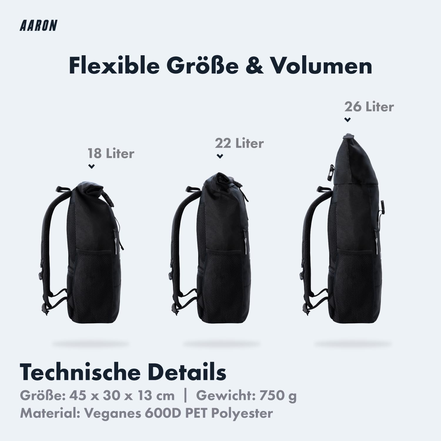 AARON Rolltop Rucksack Damen und Herren, mit Laptopfach, inkl. AirTag Halter, Daypacks, Rollrucksack aus recycletem PET für UNI, Reisen, Alltag, Rolltop Backpack in schwarz und Blumen 3
