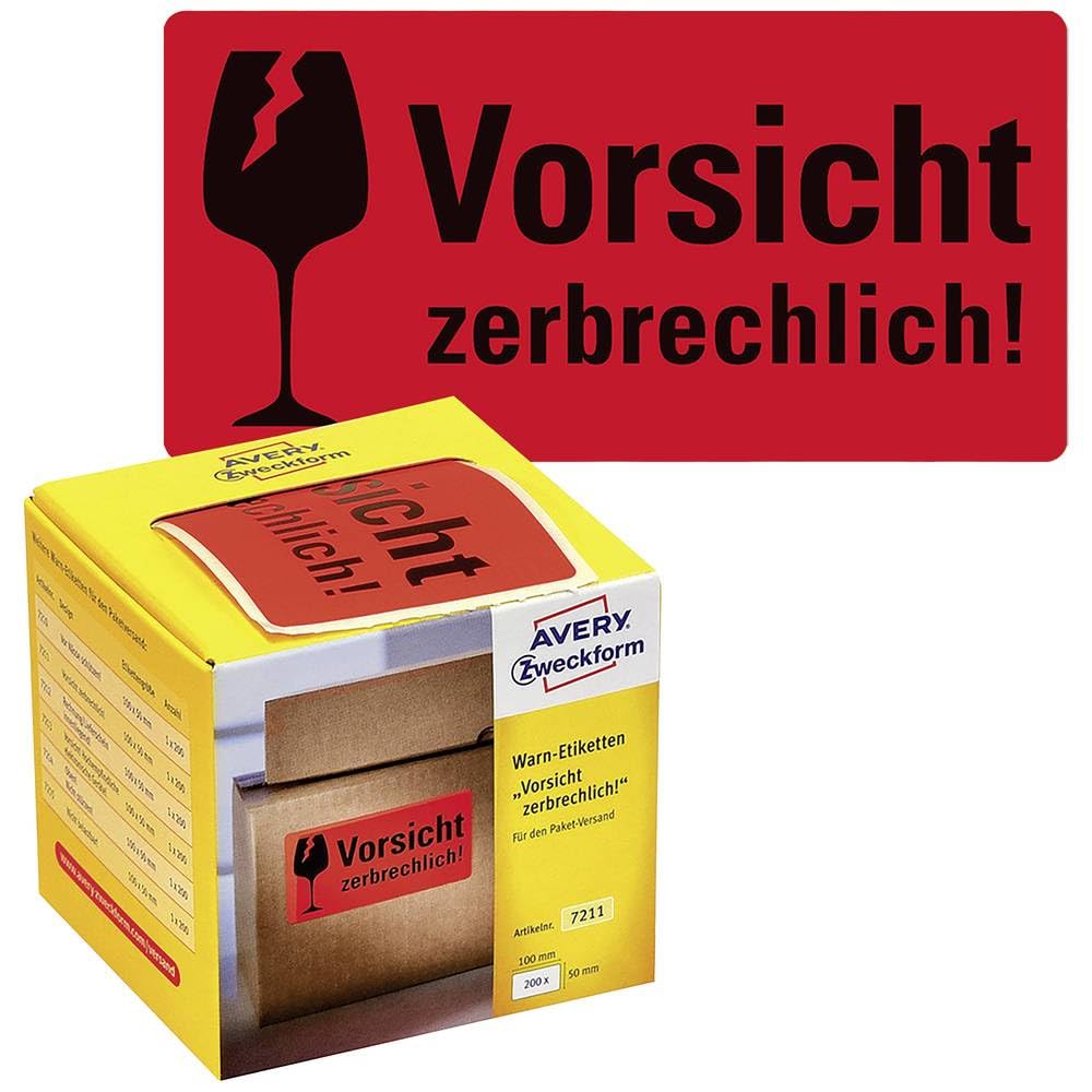 Avery Zweckform Warning Stickers 7211 "Vorsicht Zerbrechlich." [German Language Product]Neon Red, 100 x 50 mm, 200 Labels on a Roll, in Box Dispenser