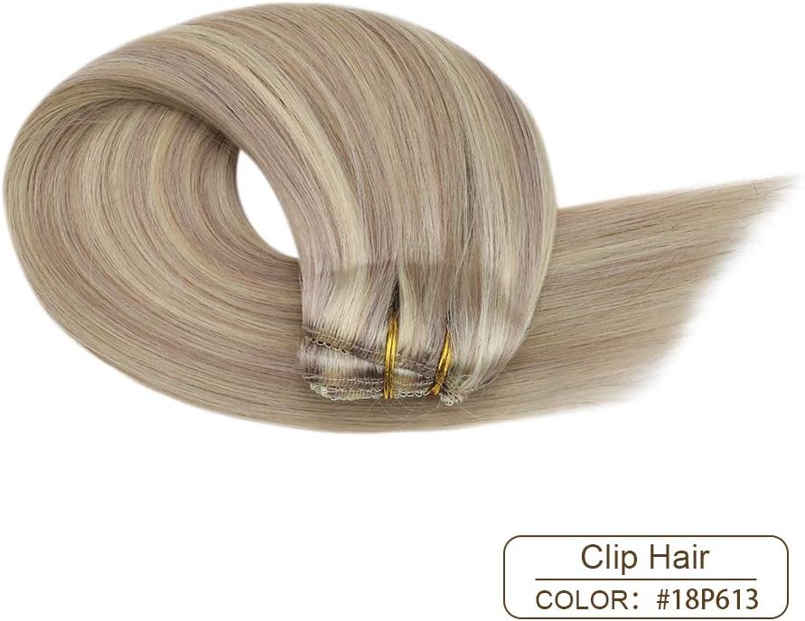 Ugeat Hair Extensions Clip ins Blonde Highlights Clip in Hair Extensions Real Human Hair Ash Blonde Highlights Bleach Blonde Human Hair Clip in Extensions Full Head 14 Inch 105g 7pcs - Image 3