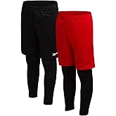 Reebok Boys Basketball Shorts - 2 Pack 2-in-1 Boys Athletic Shorts for Running with Compression Leggings Pockets & Drawstring