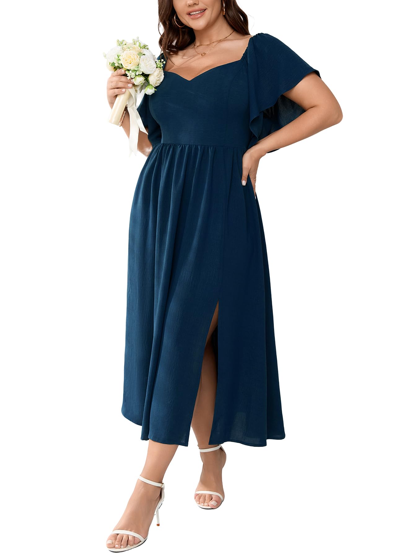 Photo 1 of SCOMCHIC Women Plus Size Dresses Short Sleeve Sweetheart Neckline Wedding Guest Cocktail Smocked A Line Slit Maxi Dress Lake Blue