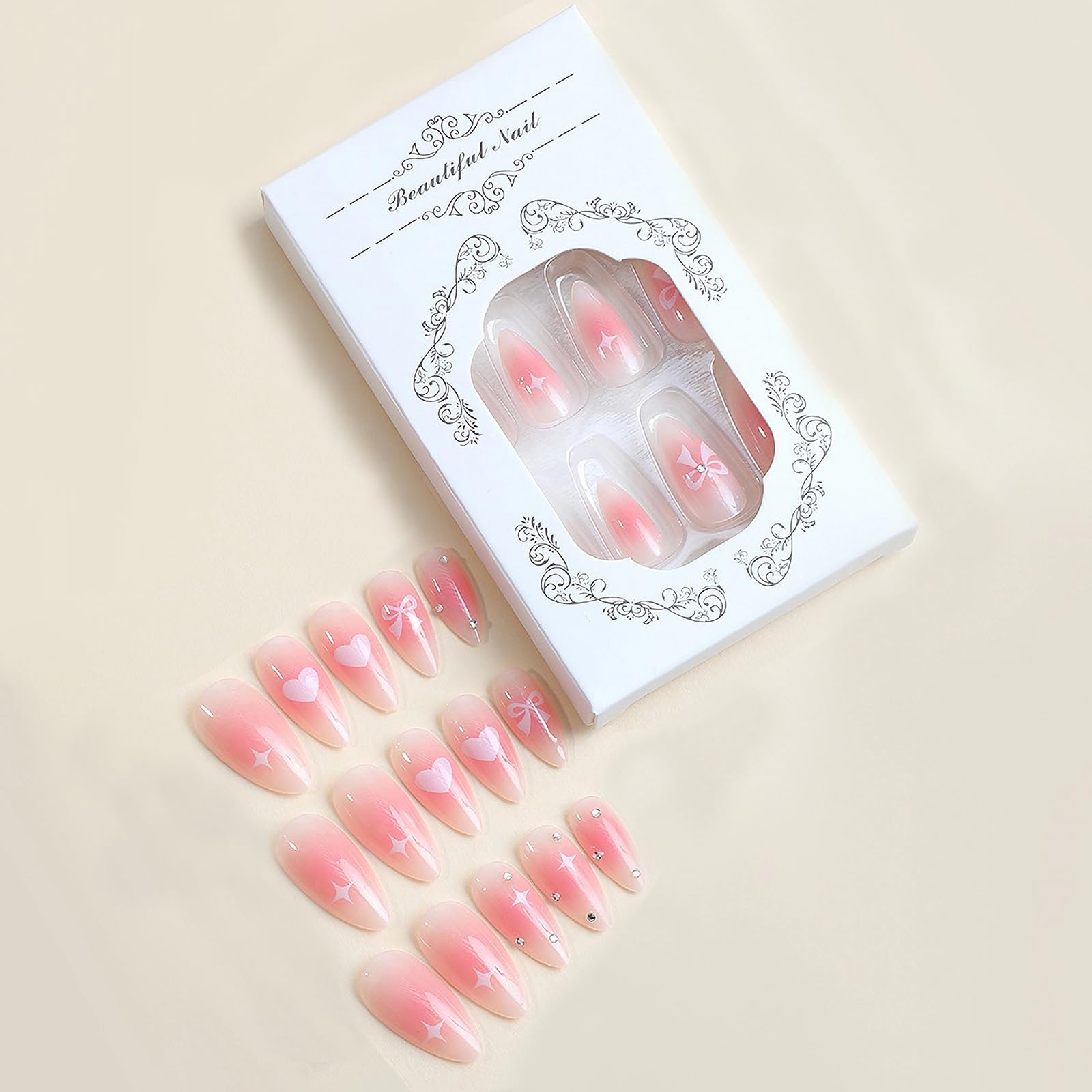 MISUD Press-on Nails, 24pcs Medium Almond, Glossy Glue on Nails, Pink Ombre Aura, Star Artificial Nails with Design ABS Material, Fashion, Full Well Tips, Artificial Nails - Image 3