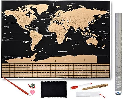Scratch Off World Map Poster - With Country Flags and US States, Track Your Adventures. Includes Pen Scratcher, Gold Marker, Magnifying Glass and Memory Pins, Perfect for Travel, Hiking, Backpacking