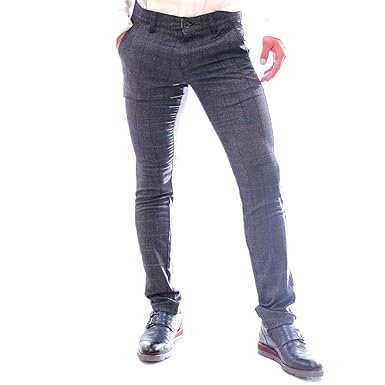 Amazon スーパースキニー パンツ メンズ チェック 紺 ネイビー