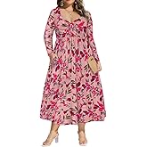 CARCOS Plus Size Dresses for Curvy Women Tie Sweetheart Neck Fall Maxi Dress Long Sleeve Empire Waist Floral Boho Dress