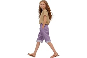 Bermuda Shorts for Girls Knee Length Elastic Waist Drawstring Linen Shorts with Pockets Kids Summer Casual Wide Leg Trousers