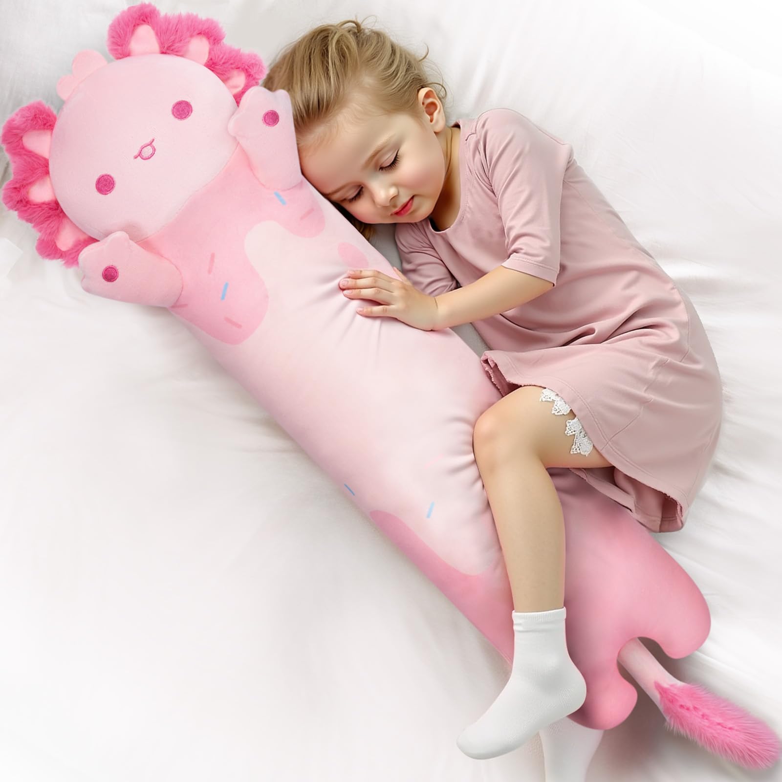 Photo 1 of Mewaii Long Axolotl Plush 5 Sizes, 120% Extra Filling Giant Plushness Kids Body Pillow, Kawaii Cute Pink Axolotl Stuffed Animals Plushies, Big Long Body Pillow Cat Plush Gift for Girls 44”