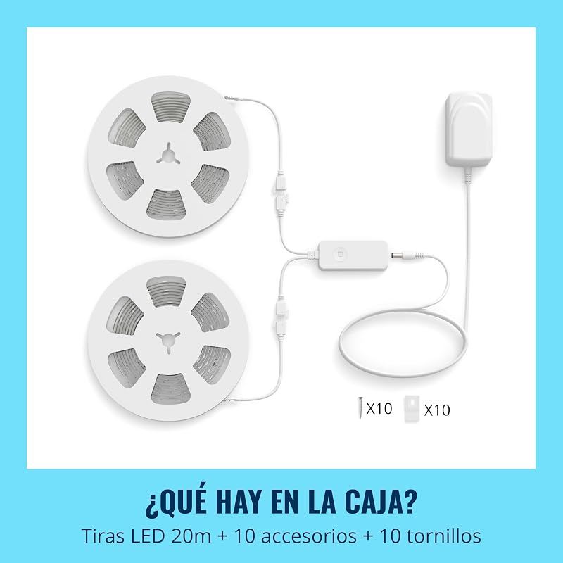 - Fita LED inteligente de 20m, RGBIC, inclui fonte de alimentação, até 16 milhões de cores, liga-se via WIFI, com tecnologia SpaceSense, controlo por App ou Voz e compatível com Alexa e Google Home
