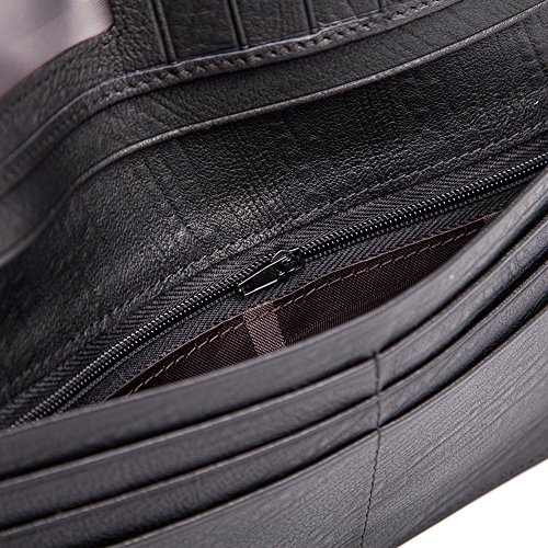 MONHINTY Men's Genuine Leather Multi-Card Long Bifold Wallet Black