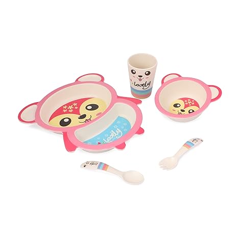 Instabuyz Bamboo Fiber Crockery 5pc Set with Spoon, Fork, Glass, Bowl & Plate (Peach)