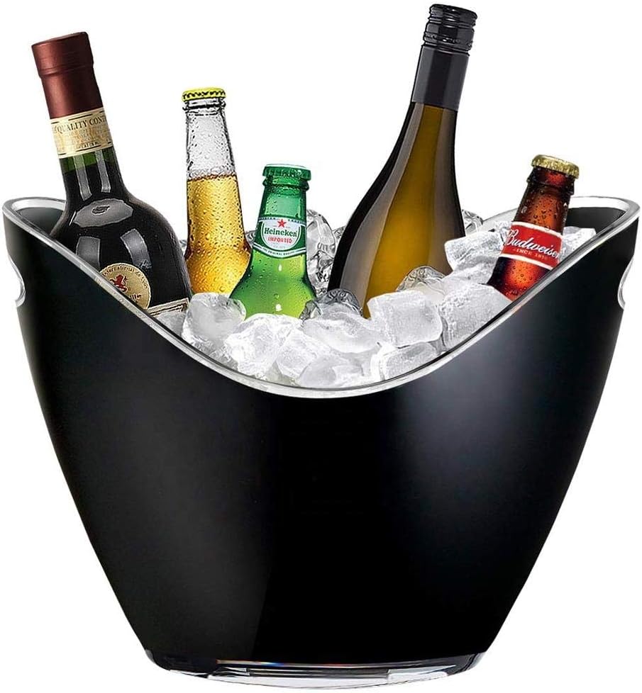 Ice Bucket 8 Liter Beverage Tub For Parties Drinks Weddings Bar Wine Champagne Beer, Black Acrylic Plastic Party Bottle Chiller, Large Drink Holder With Handles, Food Grade, Holds 5 Bottles