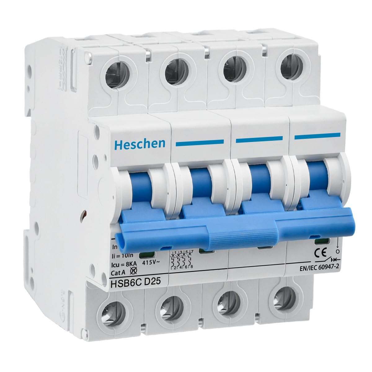Heschen Miniature Circuit Breaker HSB6C, 25Amp Current, 4 Pole, Type D, 6kA Breaking Capacity, DIN Rail Mounting