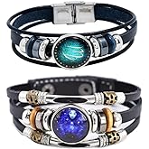 2Pcs Multilayer Constellation Zodiac Leather Bracelet Handmade Woven Zodiac Sign Wrap Bracelet Wristband for Women Men Jewelry Birthday Gift