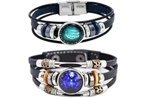 HEWILL 2Pcs Multilayer Constellation Zodiac Leather Bracelet Handmade Woven Zodiac Sign Wrap Bracelet Wristband for Women Men Jewelry Birthday Gift
