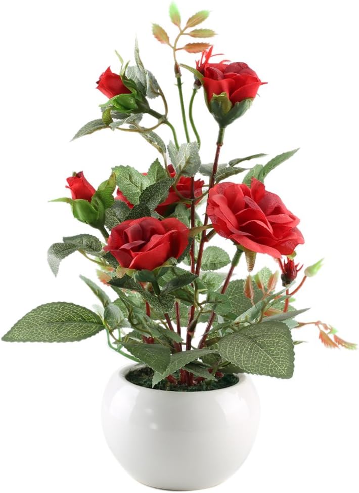 MIHOUNION Artificial Red Rose Plant Fake Potted Flowers Garden Office Conservatory Silk Floral