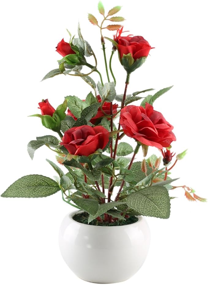 MIHOUNION Artificial Red Rose Plant Fake Potted Flowers Garden Office