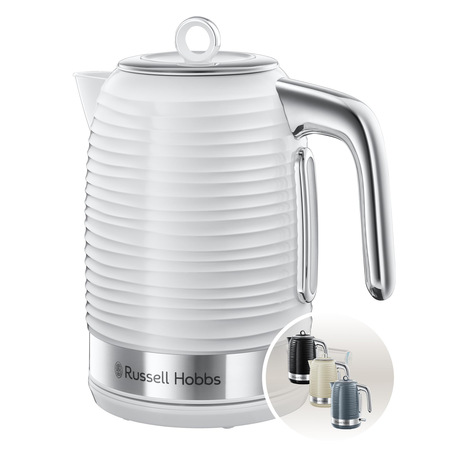 Russell Hobbs Inspire Electric 1.7L Cordless Kettle (Fast Boil 3KW, White premium textured plastic, high gloss finish, Removable washable anti-scale filter, Pull off lid, Perfect pour spout) 24360