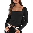 Trendy Queen Womens Long Sleeve Shirts Going Out Basic Crop Tops Fashion Y2k Workout Clothes Square Neck Fall Outfits