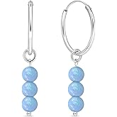 Blue Opal Hoop Earrings in 925 Sterling Silver - 40mm Length with 5mm Round Beads - Blue Opal Earrings for Women Sterling Silver - Perfect for Gifting and Everyday Wear