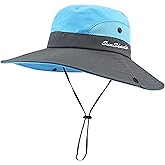 Kids Girls Ponytail Sun Hat Outdoor UV-Protection Foldable Mesh Wide-Brim Beach Bucket-Cap (3-8Y)