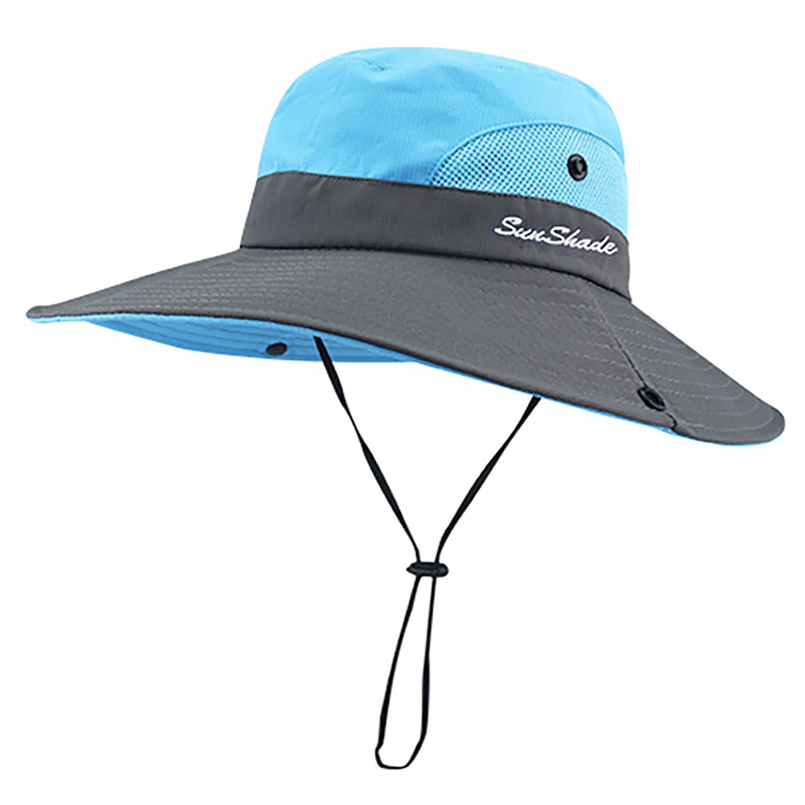 Kids Girls Ponytail Summer Beach Sun-Hat Wide-Brim UV-Protection Bucket-Cap - blue - 52-54cm/Fit 3-10 years old