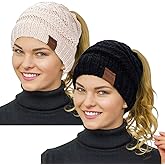 Rosoz 2 Pack Ponytail Beanie for Women,Winter Warm Beanie Tail Soft Stretch Cable Knit Messy High Bun Hat