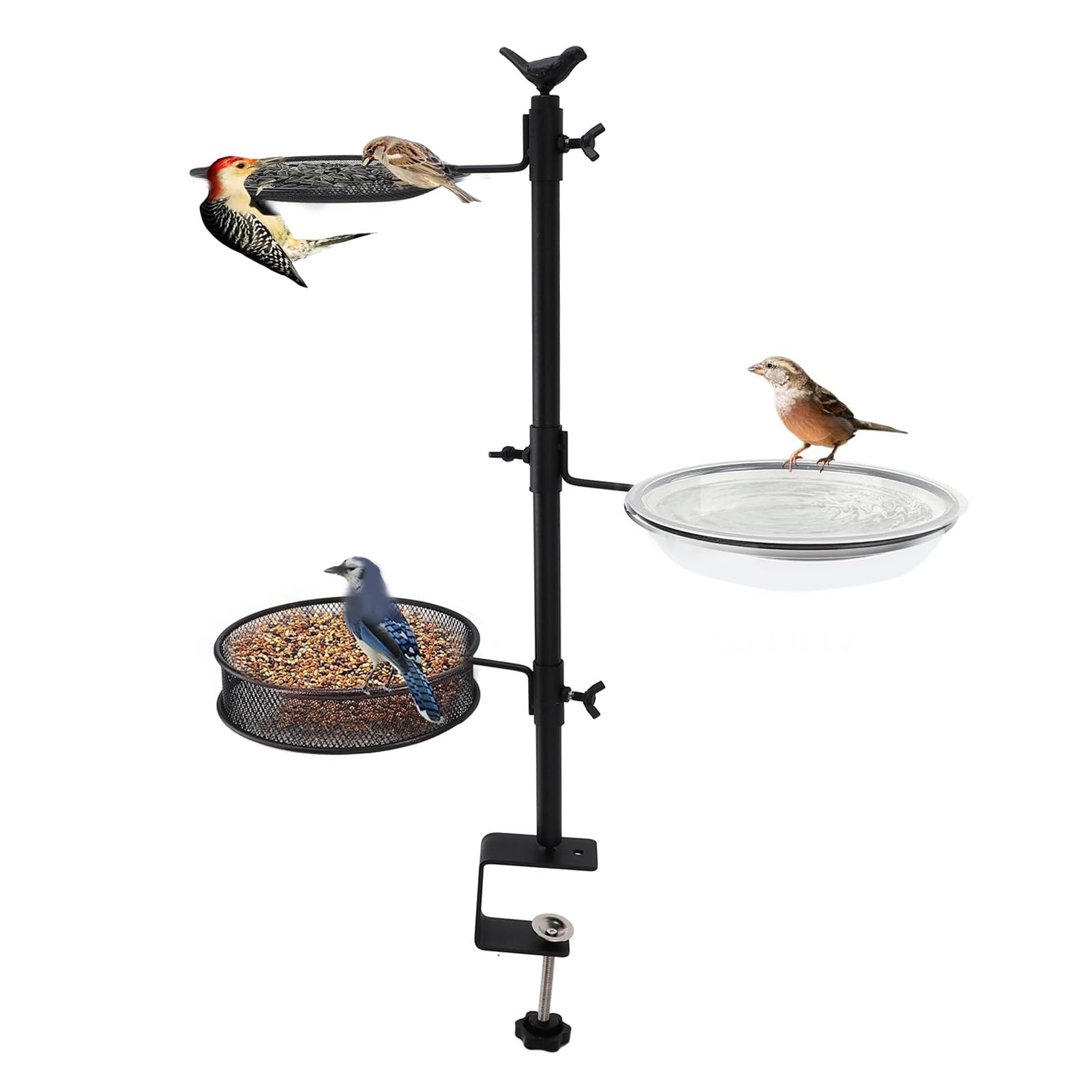 Deck Bird Feeder Hanger for Railing, Heavy Duty Hook with Clamp Mount, 2 in 1 Bird Bath and Feeder Combo for Outdoor Balcony