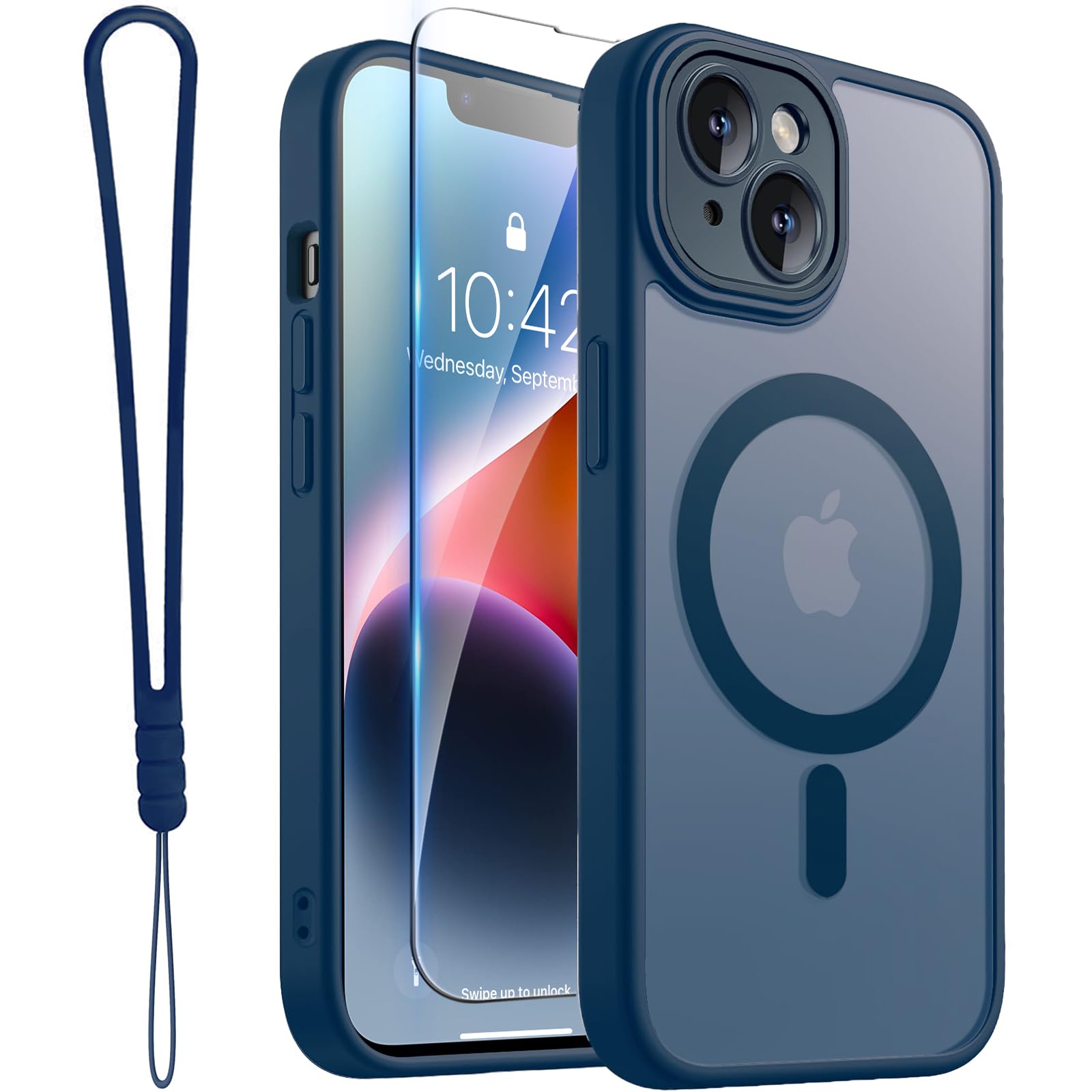 ROYBENS for iPhone 14 Matte Clear Case Compatible with Magsafe, Full Camera Lens Protection, Screen Protector, Wrist Strap, Translucent Magnetic Slim Hard Protective Phone Cover, Navy Blue